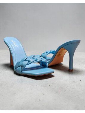 Braided Blue Mule Heels With Square Toe & Stiletto Design - Womens Size